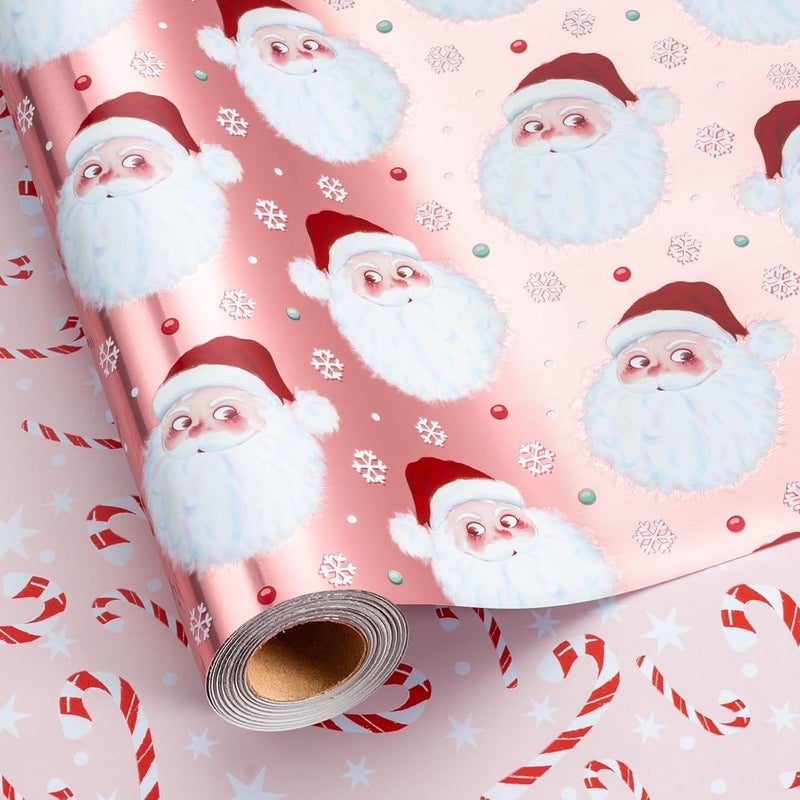 Retrify Funny Santa Claus Christmas Wrapping Paper - 17 Inch x 32.8 Feet Mini Roll - Snowflake Candy Cane Foil Pink Gift Wrap Paper for Holiday Shower Party Celebration - Image 2